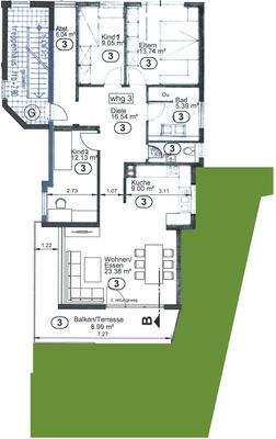 Grundriss mit Garten Wohnung Nr. 3 OG