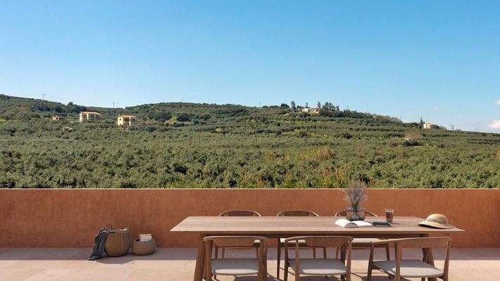 Kreta, Maleme: Neubau - Apartment in Komplex mit erdiger Ästhetik zu verkaufen