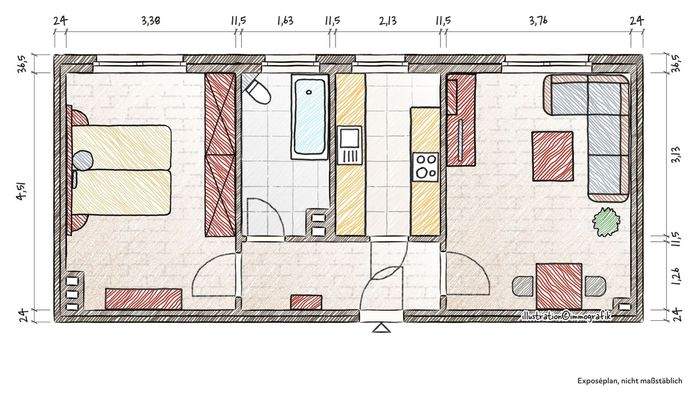 Grundriss der 2 Zimmer Wohnung mit 46,97qm