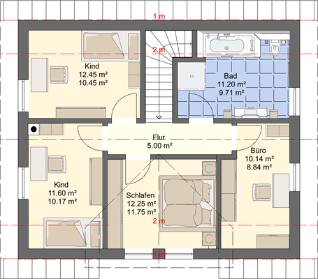 Das OG mit 2 Kizis, 1 Bad, einem SZ und einem Büro