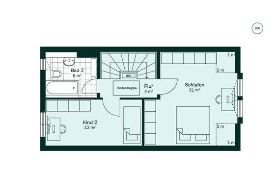 Grundriss des Obergeschosses des Reihenhaus im Qua