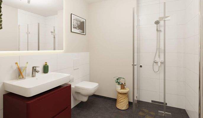 Modern gefliestes Badezimmer mit bodengleicher Dus