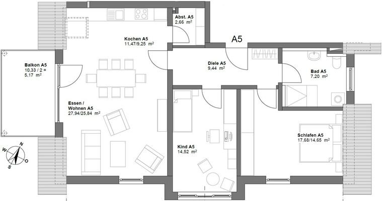 Grundriss Wohnung Nr. 5A (nicht maßstabsgetreu - kann vom Original abweichen)