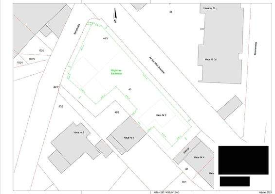 Lageplan mit möglichem Bebauungsfenster