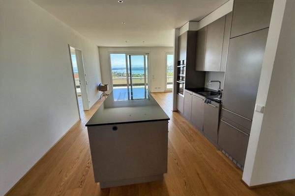 Küche mit Kochinsel und Essbereich