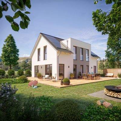 Hausansicht Gartenseite mit Giebel und Terrasse