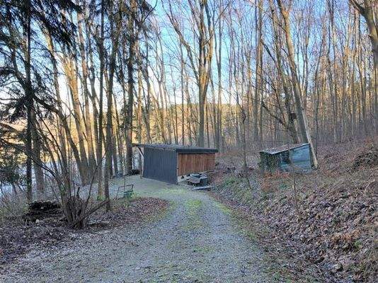 Geräteschuppen und Weg zum Grundstück