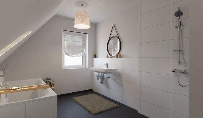 Tageslichtbad mit Badewanne und bodengleicher Dusc