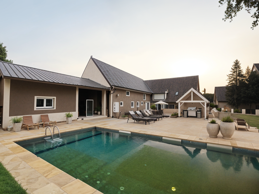 Virtuelle Gartengestaltungsidee - Saunahaus, Außenküche, Pool 