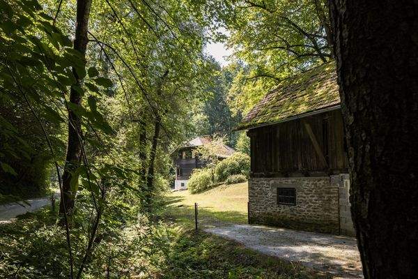 Blick vom Wirtschaftsgebäude zum Forsthaus