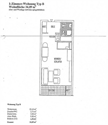 Grundriss 1-Zimmer-Wohnung Typ B
