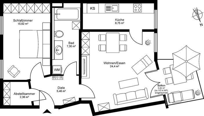 Grundriss mit 66,82qm Wohnfläche / Balkon zur Hälf