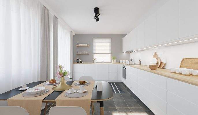 Die offene Wohnküche lädt zum gemeinsamen Kochen e