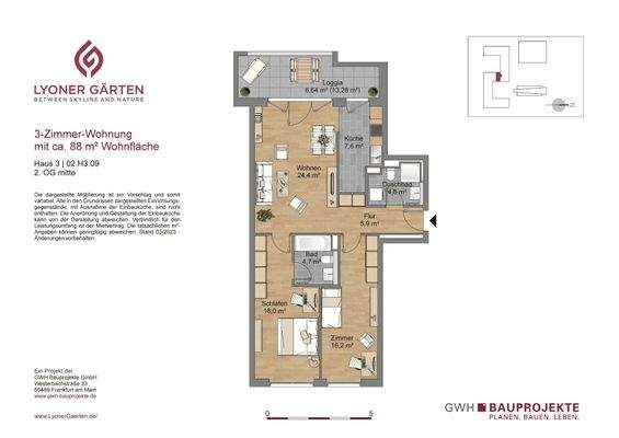 Grundriss mit Flur (5,9 m²), Bad (4,7 m²), Duschbad (4,6 m²), Küche (7,6 m²), Wohnzimmer (24,4 m²), Schlafzimmer (18 m²), Kinderimmer (16,2 m²) und Loggia (6,64 m²)