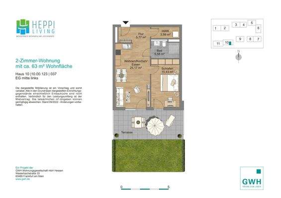 Grundriss mit Flur (5,77 m²), Bad (5,58 m²), Koch-Wohn-Essbereich (25,17 m²), Schlafzimmer (15,43 m²), Abstellraum (3,59 m²) und Terrasse