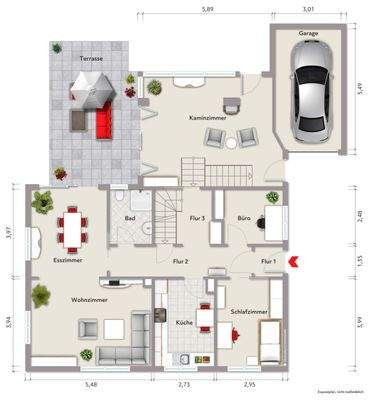 Grundriss Erdgeschoss (nicht maßstabsgerecht, Möblierungsbeispiel)