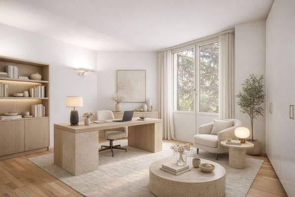 Helles Office- oder Schlafzimmer mit Parkettboden und Fensterfläche - Visualisierung