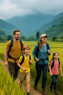 Familie-geht-zum Pool