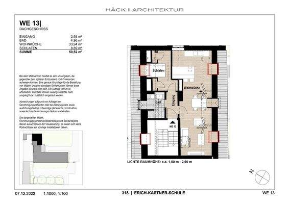 Wohnfläche, Lage und Grundriss WE 13