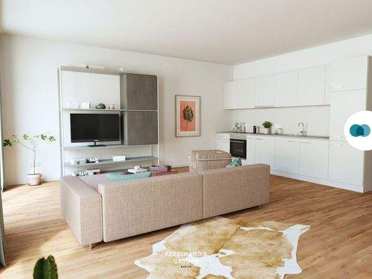 Ansicht I: Wohn- und Esszimmer mit offenem Küchenbereich