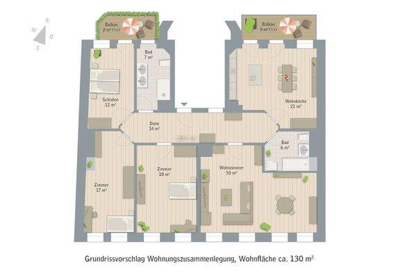 Grundrissbeispiel Wohnungszusammenlegung