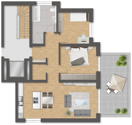 Grundriss der Souterrainwohnung mit Terrasse