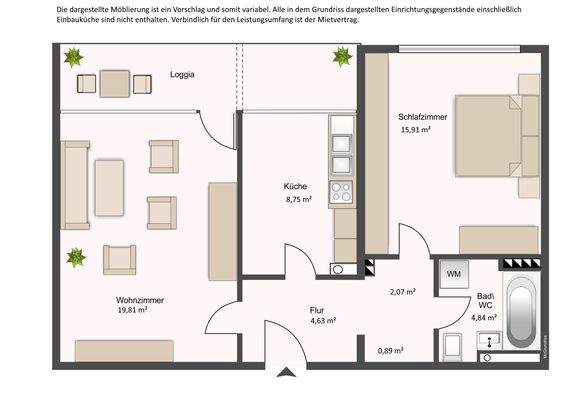 Grundriss mit Flur (6,70 m²), Küche (8,75 m²), Bad (4,84 m²), Wohnzimmer (19,81 m²), Schlafzimmer (15,91 m²), Abstellnische (0,89 m²) und Balkon