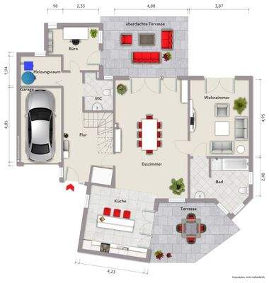 Grundriss Erdgeschoss (nicht maßstabsgerecht, Möblierungsbeispiel)