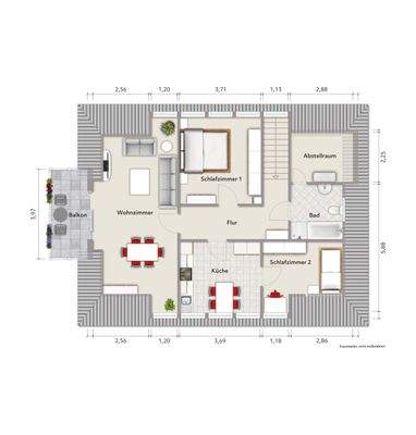 Grundriss Dachgeschoss (nicht maßstabsgerecht, Möblierungsbeispiel)