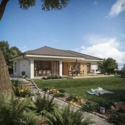 Bungalow mit Panorama-Erker und überdachtem Sitzplatz