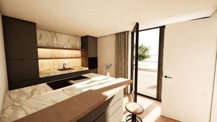 Moderne Einbauküche mit Zugang zur Terrasse