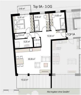 Grundriss 3.OG Top 9A , Wohnbauprojekt Pro20+ Kufstein