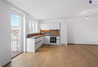 Wohn-, Essbereich, Küche, Zugang zum Balkon