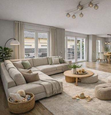 großer Wohn-/Essbereich (Möbel sind virtuell eingefügt).