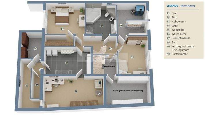 Untergeschoss Möblierungsbeispiel (keine Garantie - vor Ort selbst zu prüfen)