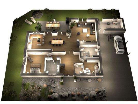 3D-Grundriss in Abendstimmung