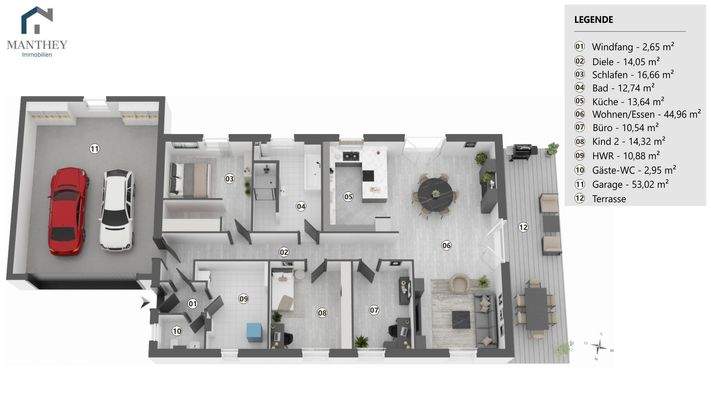 Grundriss mit 3x10 m Terrasse