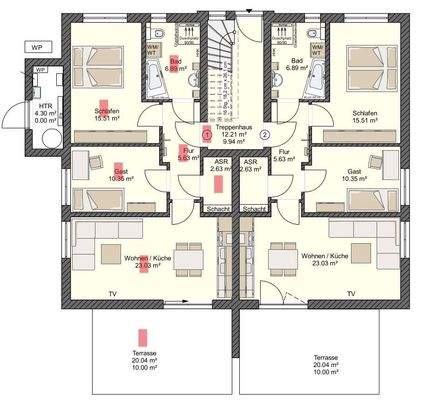Grundriss Whg.1, EGre rot markiert 