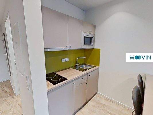 Ansicht IV: Wohn- und Schlafzimmer mit offenem Küchenbereich