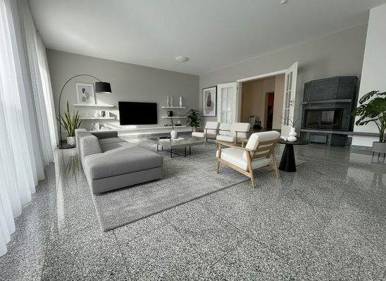 Wohnzimmer mit Flügeltüren-Zugang mit Beispielmöblierung