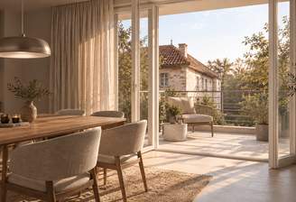 Visualisierung: Wohn-/ Essbereich mit großer Terrasse
