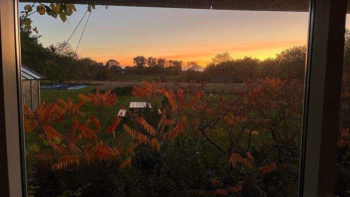 Blick abends im Herbst aus Wohnzimmer