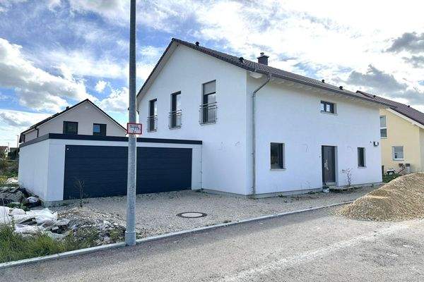 Außenansicht Hauseingang mit Doppelgarage