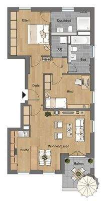 Grundriss im 1. Obergeschoss mit ca. 88 m² Wohnfläche, bestehend aus Wohnzimmer mit offener Küche, Balkon, Flur, 2 Badezimmern, Abstellraum, Schlafzimmer und Kinderzimmer.