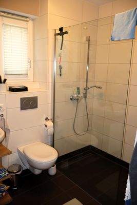 Badezimmer mit Dusche und Fenster