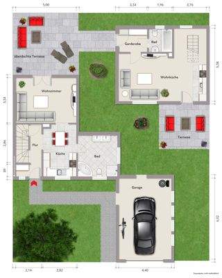 Grundriss Erdgeschoss (nicht maßstabsgerecht, Möblierungsbeispiel)