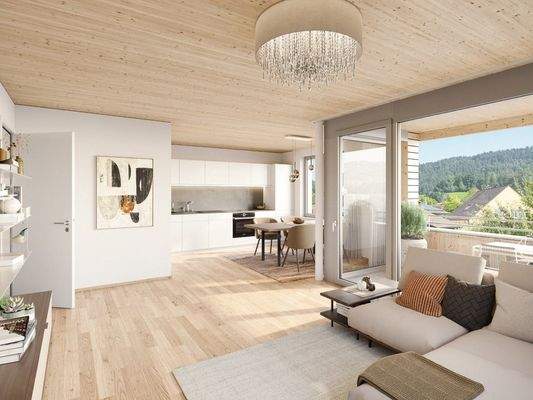 Moderner Wohn- und Essbereich einer Wohnung mit Holzboden und -decke, offener Küche und Zugang zum Balkon (Riedstrasse, Hohenweiler)