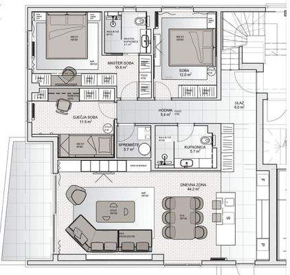Grundriss 1 Etage des Penthouses