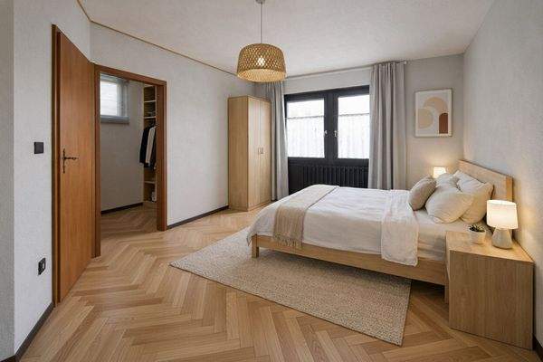 Schlafzimmer mit angrenzender Ankleide illustriert