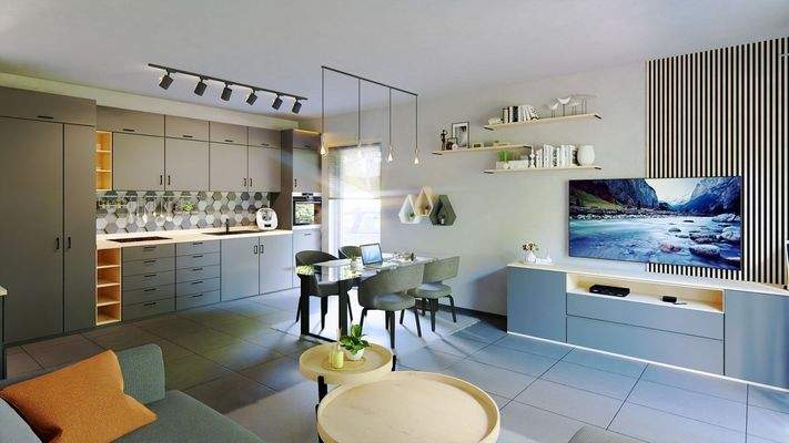 Ansicht Wohn-, Koch-, Essbereich